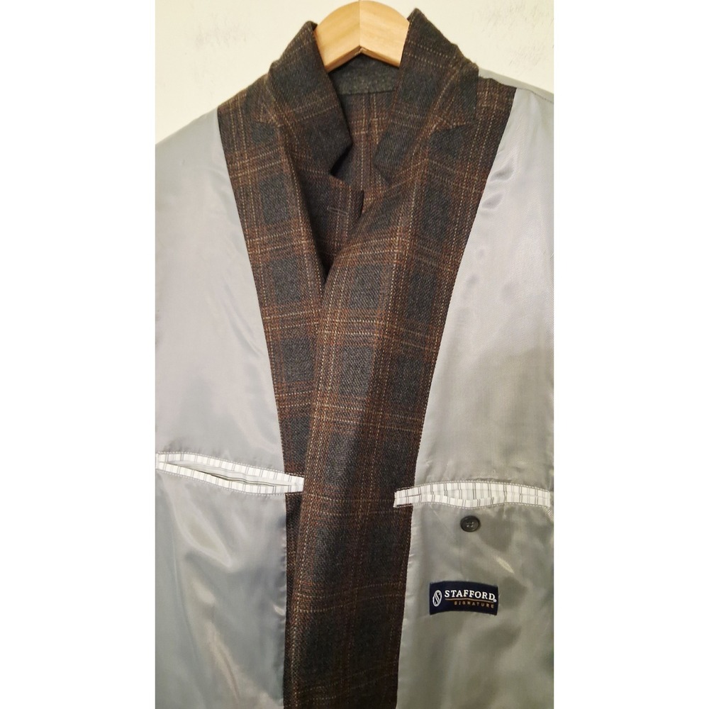 Stafford Plaid Blazer Classic Fit 46L‎ Brown Check Sport Coat Windowpane Jacket - Picture 7 of 10